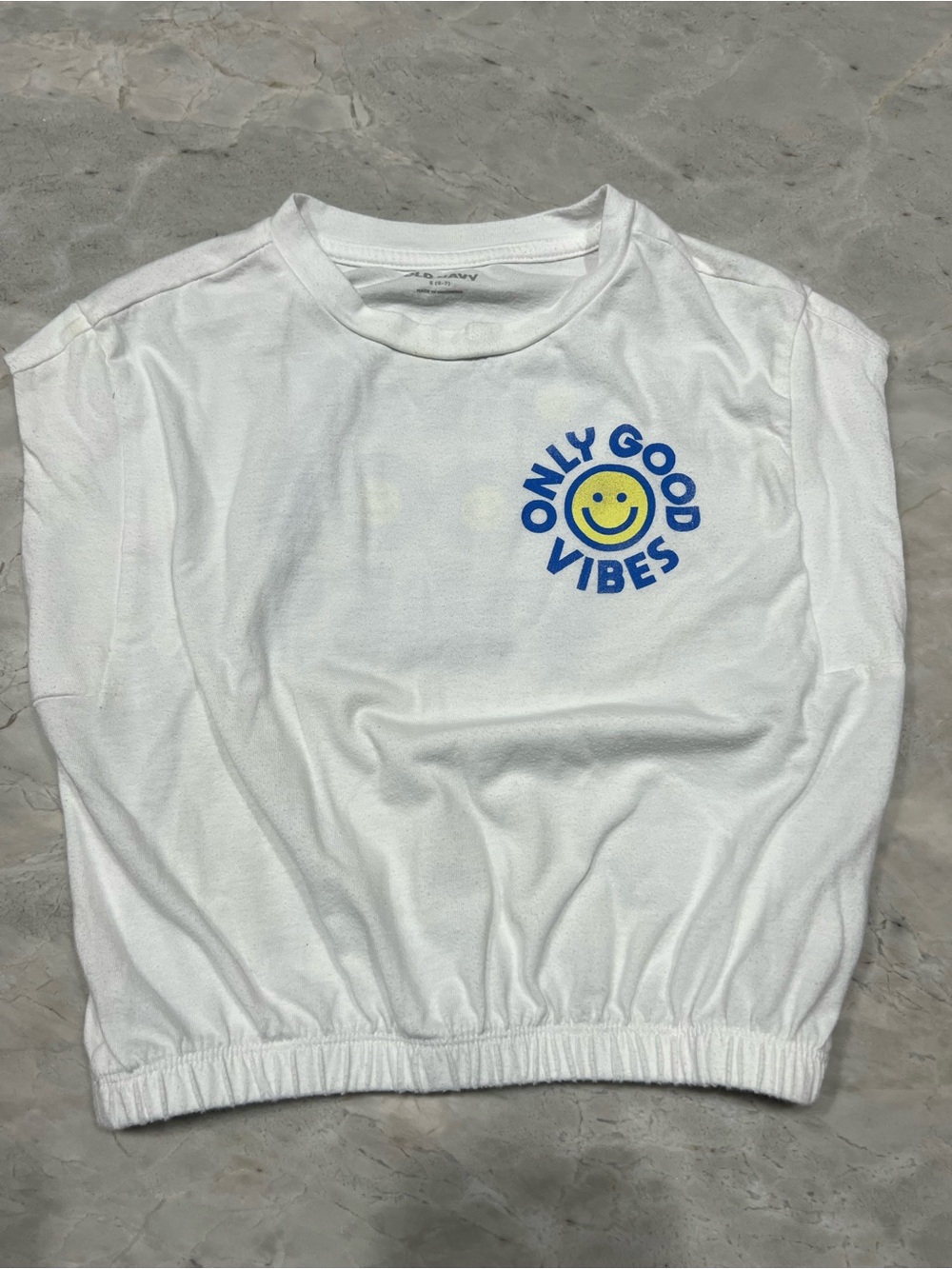 Old Navy White Tank Top with Yellow Smiley and Blue 'Only Good Vibes' Graphic
